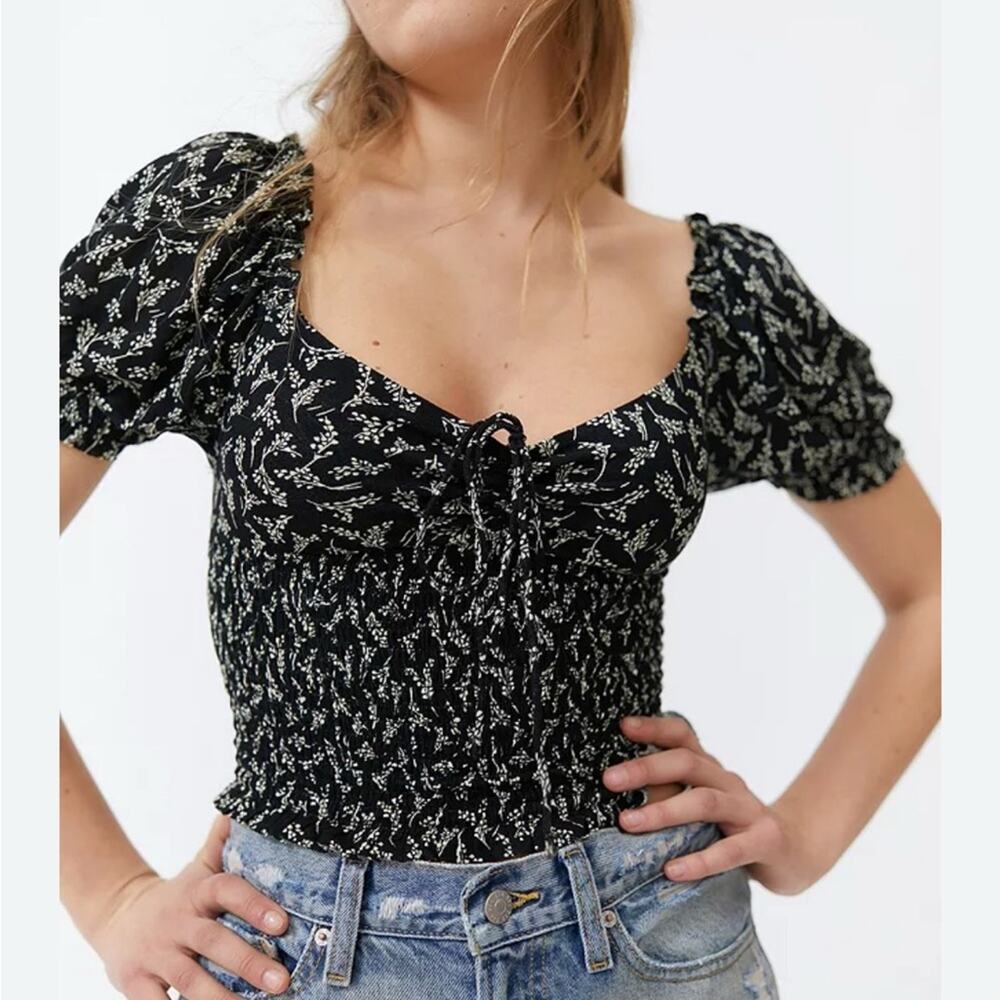 Urban Outfitters Black Smocked Blouse, Cropped, Surf Club, Floral, Viscose, S